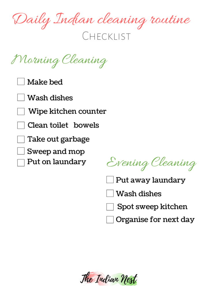 Indian daily cleaning free printable checklist 