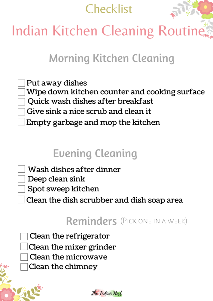 Daily Indian kitchen cleaning printable checklist